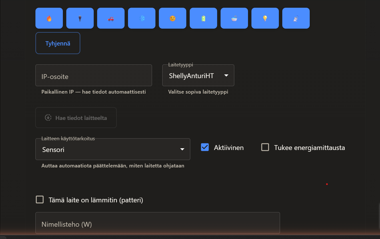 Device edit view with device type selection