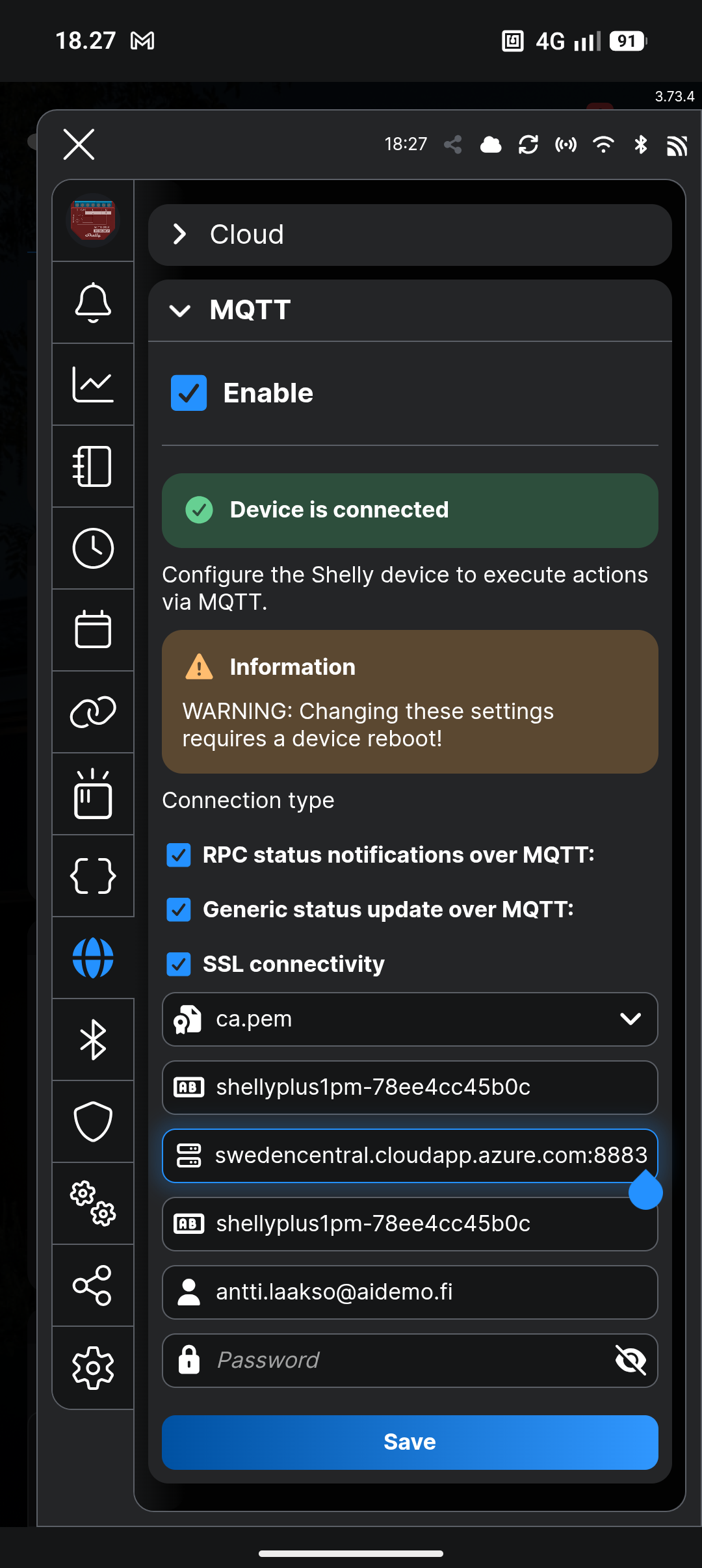 Shelly Appin MQTT-asetukset